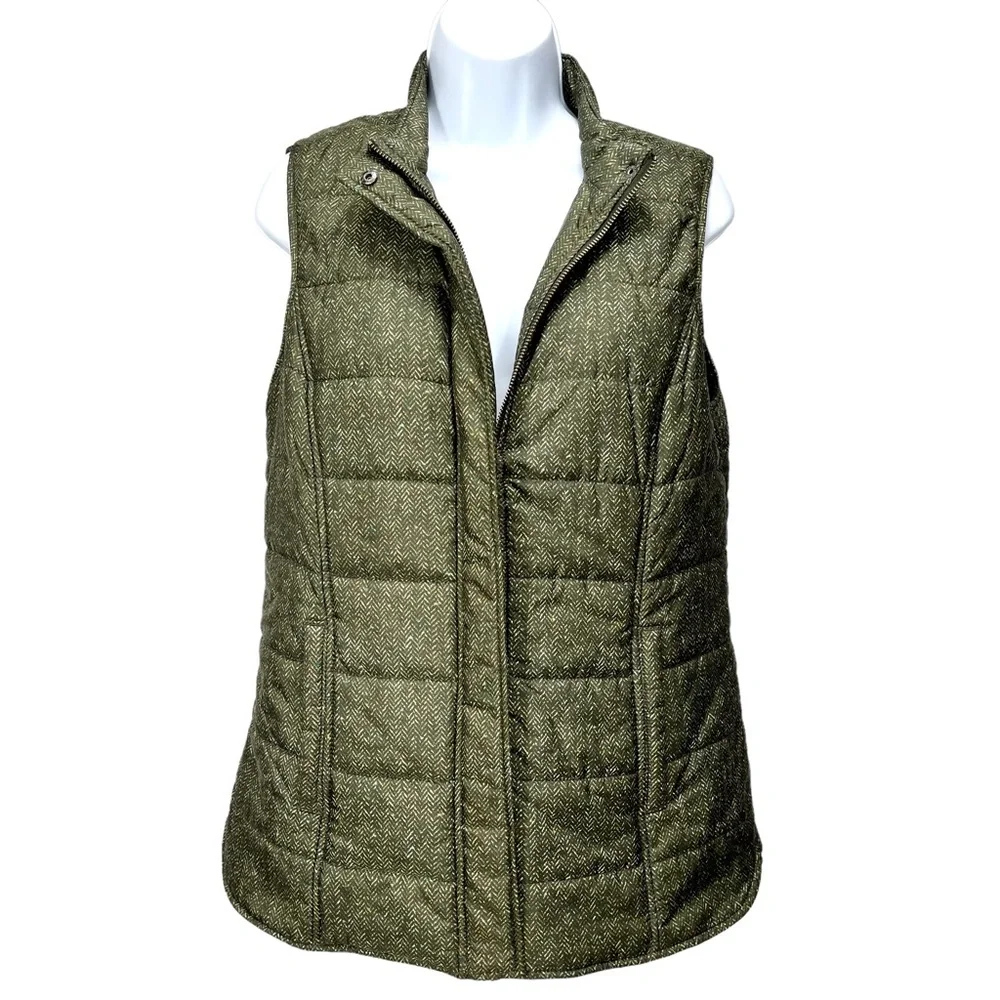 J.‎ Jill Women’s Small Balsam Green Herringbone Chevron Print Puffer Vest